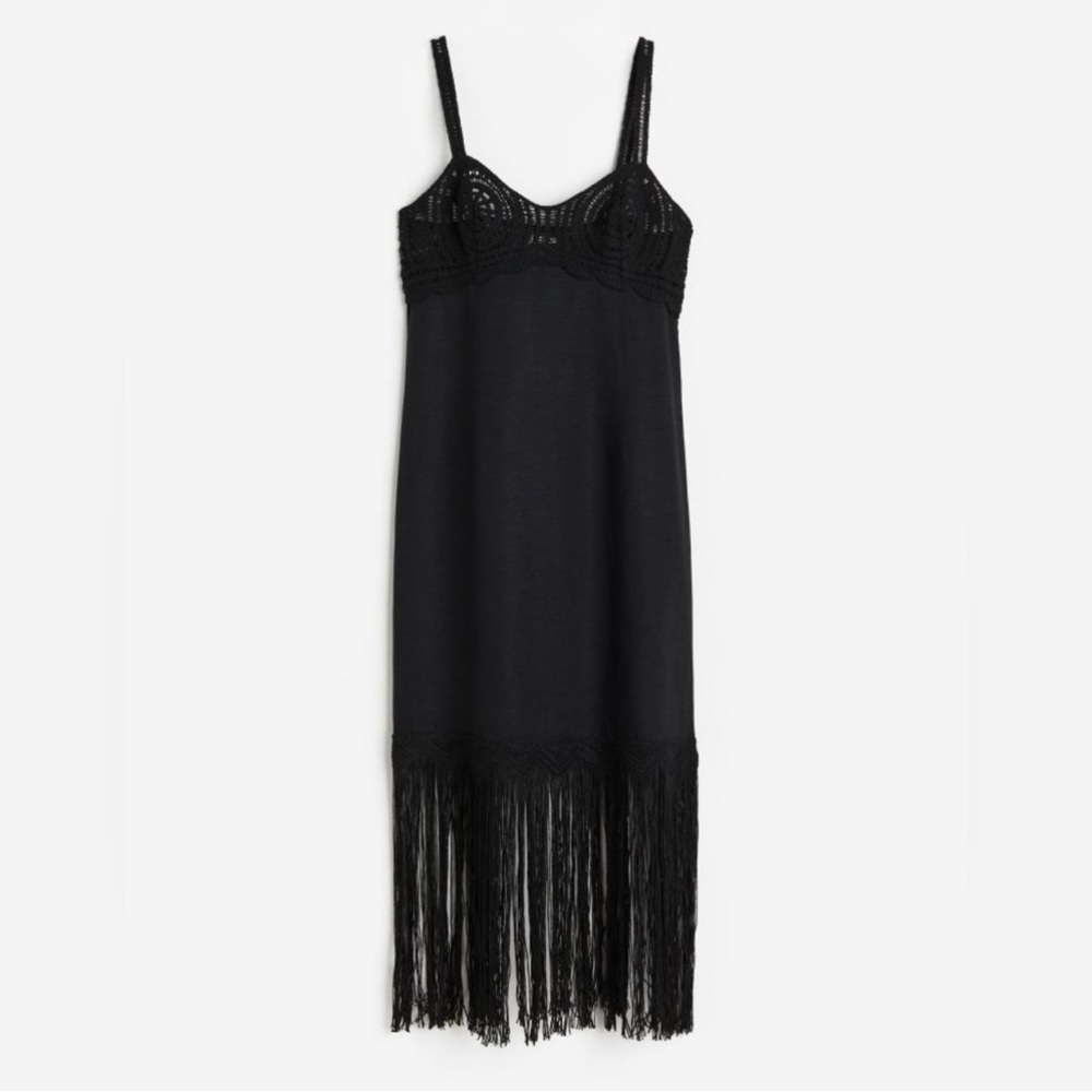 NWT H&M black Linen blend Crochet Summer Dress with Fringe M
